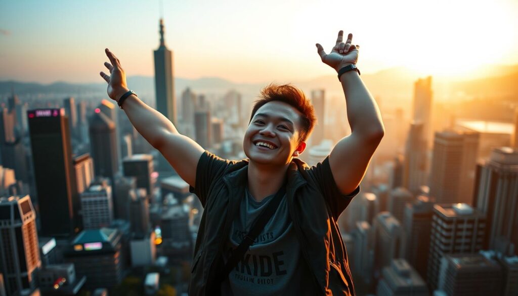 A bustling city skyline at golden hour, with the iconic Taipei 101 tower standing tall in the distance. In the foreground, a triumphant Taiwanese player raises their hands in celebration, surrounded by a glowing aura of success. The scene is bathed in warm, soft lighting, capturing the joy and pride of their achievement. The player's expression radiates confidence and satisfaction, symbolizing the thrilling experience of winning big at an online casino. The composition is balanced, with the player as the central focus, and the cityscape providing a dynamic, vibrant backdrop. This image reflects the real-life success stories of Taiwanese players who have profited from their strategic online gaming endeavors.