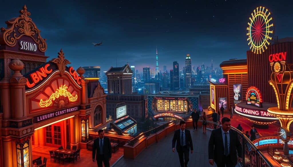 A bustling city skyline at night, the neon signs of a renowned entertainment complex illuminating the landscape. In the foreground, the grand entrance of a luxury casino, its ornate architecture and opulent details inviting guests to step inside and explore a world of thrilling games, live entertainment, and indulgent amenities. The middle ground features well-dressed patrons strolling along the promenade, anticipation and excitement etched on their faces. In the background, a hazy city silhouette set against a starry sky, heightening the sense of excitement and possibility that emanates from this premier entertainment destination. The lighting is warm and inviting, creating a sense of glamour and sophistication. The perspective is slightly elevated, offering a bird's-eye view that captures the scale and grandeur of this popular entertainment hub.