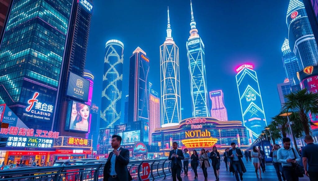 A bustling city skyline at night, the towering neon-lit facades of modern casinos and entertainment complexes illuminating the urban landscape. Sleek glass and steel structures rise against a backdrop of twinkling lights, reflecting the vibrant energy of Taiwan's thriving online gaming industry. In the foreground, stylishly dressed patrons stroll along the bustling streets, smartphones in hand, immersed in the digital world of virtual casinos and interactive gaming experiences. The scene evokes a sense of excitement, progress, and the rapid evolution of the Taiwanese entertainment landscape, where the virtual and the physical converge to create a dynamic, tech-savvy hub of leisure and entertainment.