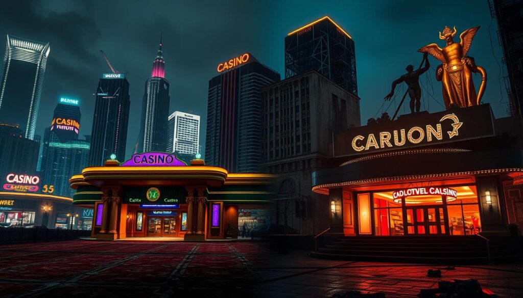 A bustling city skyline, with towering skyscrapers and neon lights illuminating the night. In the foreground, two distinct casino entrances stand in stark contrast: one, a grand and opulent establishment with plush carpets, gilded columns, and a welcoming aura; the other, a shadowy, decrepit structure, its flickering lights and unkempt exterior suggesting a more sinister nature. The difference in their architectural styles and overall ambiance is palpable, symbolizing the distinction between a legitimate, regulated casino and a fraudulent, untrustworthy one. Dramatic lighting casts long shadows, creating a sense of unease and tension, further emphasizing the divide between these two worlds of gambling. The scene conveys the importance of discernment when navigating the online entertainment landscape, where the stakes are high and the consequences of making the wrong choice can be dire.