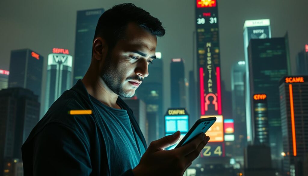 A bustling city skyline, with towering skyscrapers and neon lights, sets the stage for a dramatic scene. In the foreground, a lone figure stands resolute, their face illuminated by the soft glow of a smartphone screen. They navigate a maze of digital prompts, carefully selecting options to avoid the pitfalls of an online scam. The atmosphere is tense, with a sense of urgency and determination conveyed through the dynamic lighting and the subject's focused expression. The scene is captured with a cinematic wide-angle lens, emphasizing the contrast between the individual and the towering urban landscape. The overall mood is one of cautious vigilance, a testament to the need for heightened awareness in the digital age.