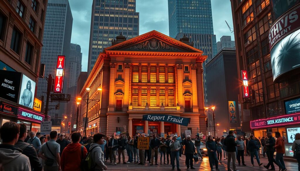 A bustling city street, illuminated by the warm glow of streetlights and neon signs. In the foreground, a large government building stands, its facade adorned with intricate architectural details. People stream in and out of the building's grand entrance, indicating an important public service facility. In the middle ground, a group of concerned citizens gather, holding placards and banners that read "Report Fraud" and "Seek Assistance." The atmosphere is one of urgency and civic responsibility, with a sense of hope that the available resources can provide a solution to the issues at hand. The background is a blend of modern skyscrapers and historic structures, creating a dynamic urban landscape that sets the stage for this scene of civic engagement and relief.