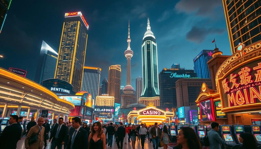 A bustling cityscape at dusk, the skyline illuminated by the neon glow of towering casino complexes. In the foreground, well-dressed patrons stroll through meticulously designed lobbies, their expressions a mix of excitement and anticipation. Sleek, glass-encased gaming floors beckon, filled with the alluring sounds of slot machines and the energy of high-stakes tables. The middle ground reveals a diverse array of entertainment options - restaurants, theaters, and luxury retail stores catering to the affluent Chinese demographic. In the background, the city's landmarks stand tall, testament to the scale and grandeur of this thriving hub of leisure and indulgence. A cinematic, wide-angle lens captures the dynamic atmosphere, conveying the irresistible allure of this quintessential Chinese entertainment metropolis.