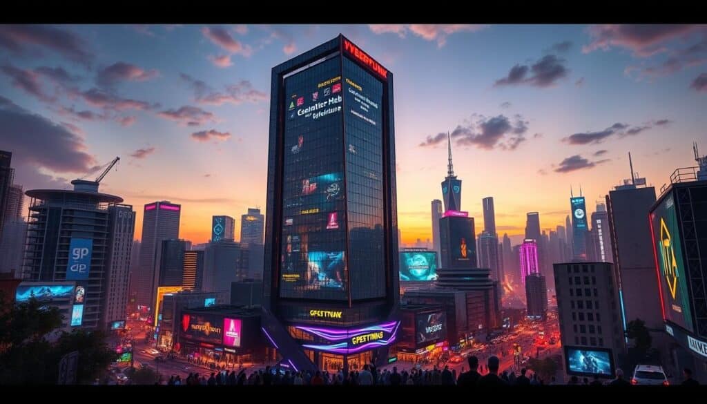 A bustling cityscape at dusk, the skyline illuminated by the neon glow of towering online entertainment complexes. In the foreground, a sleek, modern high-rise with a bold, angular facade houses a state-of-the-art gaming hub, its glass facade reflecting the vibrant energy of the surrounding streets. Amid the urban landscape, people gather, their faces aglow with the allure of digital adventure, immersed in the thrilling world of online entertainment. The scene conveys a sense of progress, innovation, and the growing prominence of the online gaming industry, set against a backdrop of a dynamic, ever-evolving metropolitan landscape.