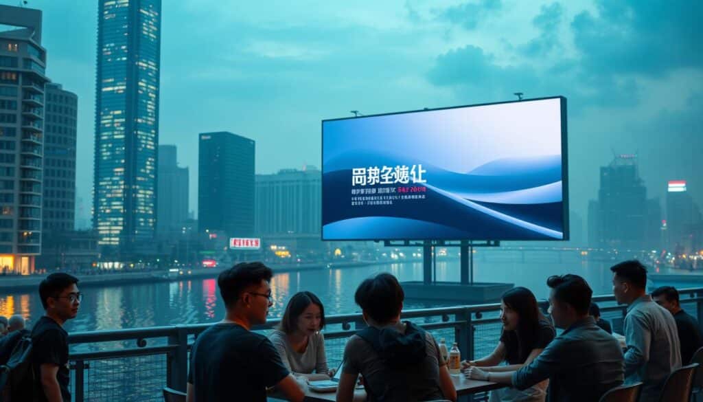 A bustling cityscape at dusk, with the neon lights of a modern high-rise office building reflecting on the glossy surface of a tranquil river. In the foreground, a group of casually dressed Taiwanese gamers gathers around a table, engaged in an animated discussion, their facial expressions conveying a mix of excitement and contemplation. The middle ground features a large billboard showcasing a sleek, minimalist design for an online gambling platform, its calming color palette and clean typography hinting at a sophisticated user experience. The background is filled with a hazy, atmospheric glow, creating a sense of depth and immersion. The overall scene captures the intersection of technology, entertainment, and the unique perspectives of Taiwanese players evaluating the merits of online gambling platforms.