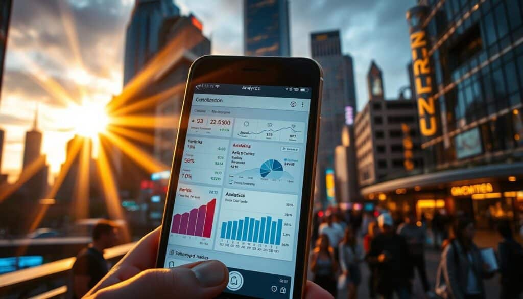 A bustling cityscape at dusk, with towering skyscrapers and a vibrant nightlife. In the foreground, a smartphone screen dominates the frame, displaying analytics and SEO data. Rays of warm, golden light from the setting sun filter through the glass and metal, casting a soft glow on the devices. In the middle ground, people hurry along the streets, immersed in their mobile devices, emphasizing the ubiquity of mobile technology. The background features a blend of modern architecture and glowing neon signs, reflecting the digital nature of the scene. The overall atmosphere conveys the importance of optimizing for mobile devices in the ever-evolving landscape of search engine optimization.