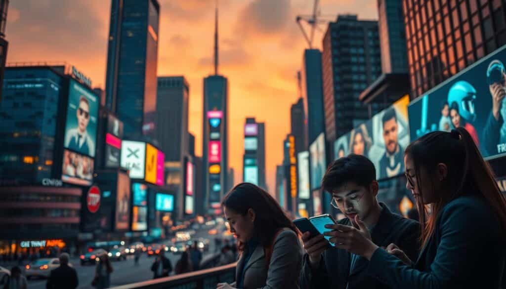 A bustling cityscape at dusk, with towering skyscrapers and neon-lit billboards casting an electric glow across the urban landscape. In the foreground, a group of young professionals are engrossed in their mobile devices, navigating through a cutting-edge mobile application. The scene conveys a sense of technological progress and the growing importance of mobile technology in modern life. Warm, saturated colors and a cinematic depth of field create an aspirational, almost futuristic atmosphere. The overall composition emphasizes the rise of mobile technology and its transformative impact on the way we live, work, and play.