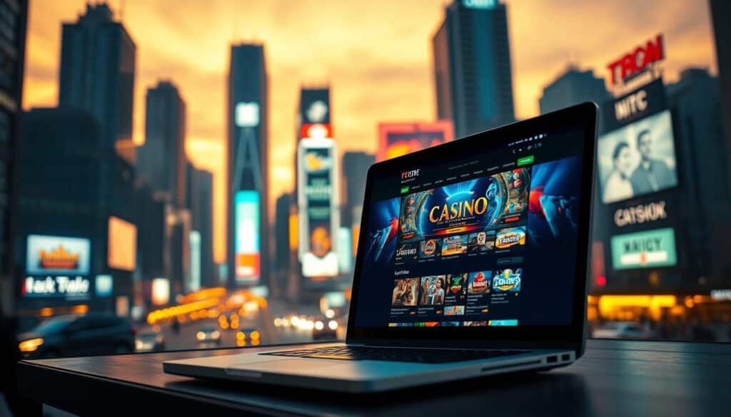 A bustling cityscape at dusk, with towering skyscrapers and neon-lit billboards illuminating the night sky. In the foreground, a laptop screen displays a gambling website, its vibrant colors and flashing animations drawing the viewer's attention. The scene is bathed in a warm, amber-toned lighting, creating a sense of unease and tension. The background is slightly blurred, emphasizing the focus on the laptop screen and the potential risks associated with online gambling. The overall composition suggests the pervasive nature of online gambling and the need for effective risk management strategies to protect individuals and communities.