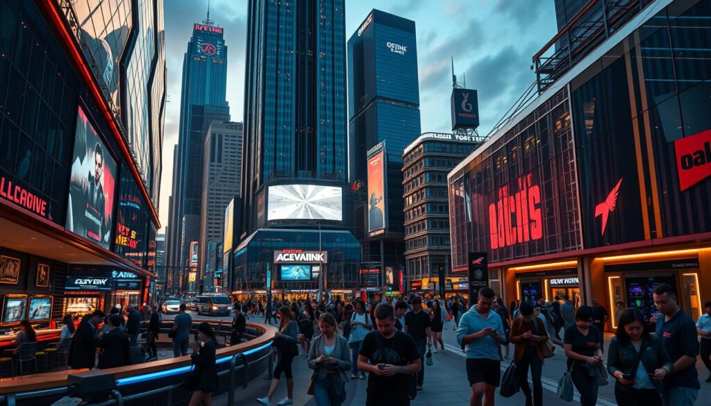A bustling cityscape at dusk, with towering skyscrapers and neon-lit billboards showcasing the growth of the online entertainment industry. In the foreground, a sleek, state-of-the-art gaming lounge with glass walls, allowing passersby to glimpse the lively action within. The middle ground features a thriving pedestrian promenade, where people of all ages are engrossed in their mobile devices, accessing a wide array of online gaming and entertainment options. In the background, a modern, futuristic-looking data center hums with activity, representing the technological infrastructure that supports the rapidly expanding online entertainment ecosystem. The scene is illuminated by a warm, golden glow, creating a sense of excitement and progress, reflecting the dynamic growth and evolution of the online entertainment industry.