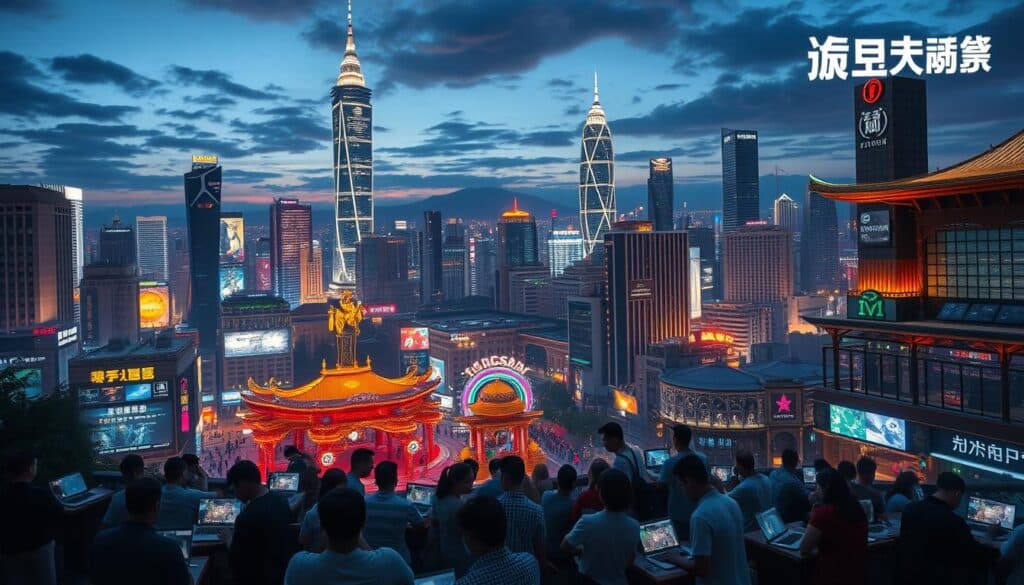 A bustling cityscape at dusk, with towering skyscrapers and neon-lit entertainment complexes illuminating the night sky. In the foreground, a group of people engaged in various online gaming activities, laptops and mobile devices in hand, immersed in the thrilling world of digital entertainment. The middle ground features a mix of modern architecture and traditional elements, reflecting the evolution of the online gaming industry from its humble beginnings to its current status as a thriving, sophisticated ecosystem. In the background, a panoramic view of the city's skyline, with a mix of sleek, contemporary buildings and historical landmarks, symbolizing the rapid advancements and deep-rooted cultural influences that have shaped the growth of online entertainment in the region. The overall scene conveys a sense of energy, innovation, and the seamless integration of technology and leisure, capturing the essence of the "線上娛樂城發展" narrative.