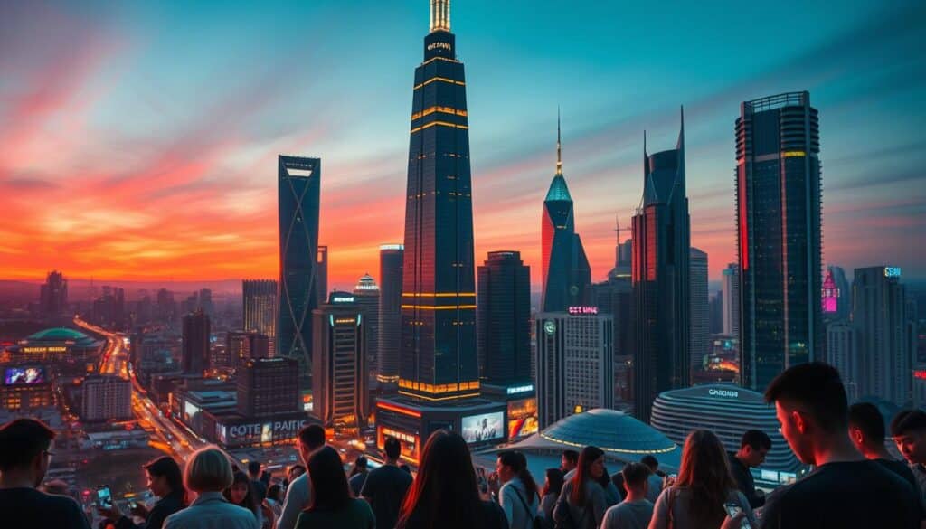 A bustling cityscape at dusk, with towering skyscrapers and neon-lit online entertainment hubs gleaming against a vibrant, gradient sky. In the foreground, a group of people engrossed in their mobile devices, immersed in the thrilling world of online gaming and casino experiences. The middle ground showcases a mix of modern architecture and sleek, tech-savvy infrastructure, reflecting the rapid development and integration of digital entertainment platforms. The background features a panoramic view of the evolving urban landscape, hinting at the far-reaching impact of the online entertainment industry on the city's transformation. Warm lighting and a sense of dynamism permeate the scene, capturing the allure and momentum of the online entertainment sector's growth.