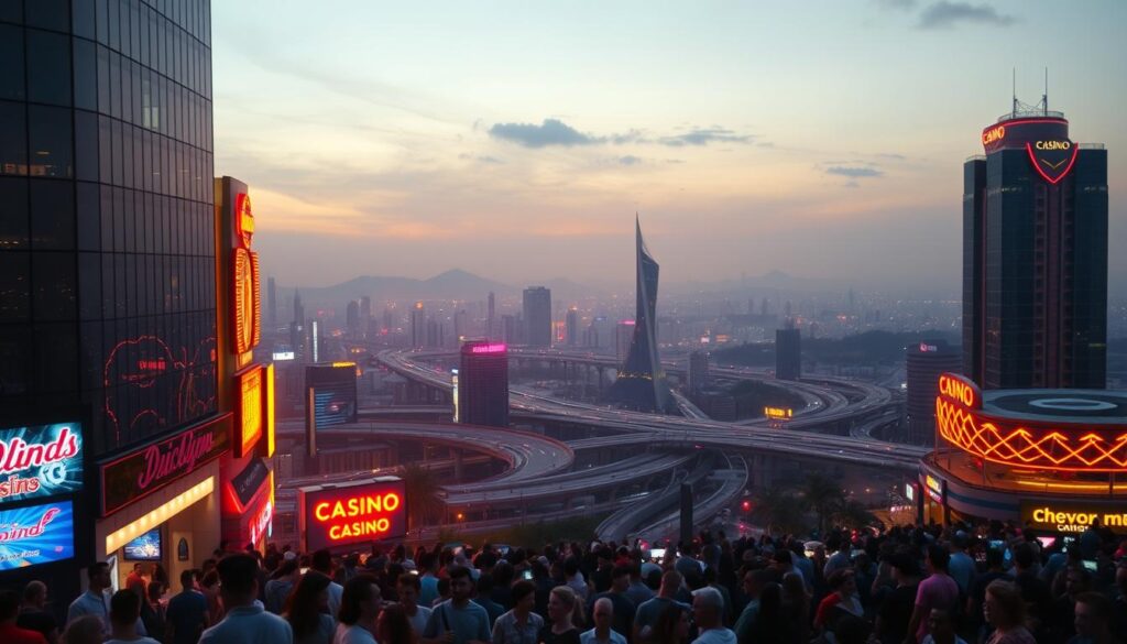 A bustling cityscape at dusk, with vibrant neon signs and glowing skyscrapers reflecting off the shimmering urban landscape. In the foreground, a crowd of people spilling out of the entrance of a modern, high-rise casino, their faces alight with excitement. The middle ground features a panoramic view of the city, with sleek, glass-clad towers and a network of elevated highways. In the background, a hazy, indistinct horizon is punctuated by the silhouettes of distant hills. Diffuse, warm lighting casts a inviting glow over the entire scene, creating a sense of energy and atmosphere. The overall composition conveys the dynamic rise of the online gaming industry and the allure of the modern, digital entertainment experience.