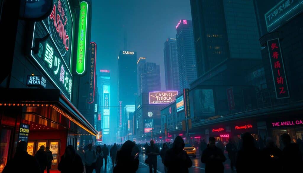 A bustling cityscape at night, neon lights casting an eerie glow over the skyline. In the foreground, a dimly lit casino entrance, its facade adorned with flashy displays and alluring signage. People hurry in and out, their faces obscured by shadows. In the middle ground, the city streets are dotted with shadowy figures, some huddled over smartphones, others wandering aimlessly. The background is a haze of skyscrapers, their towering silhouettes punctuated by the occasional flicker of a window. The atmosphere is one of unease, a sense of illicit activity lurking beneath the surface. Cinematic lighting, high-contrast shadows, and a moody, neon-tinged color palette heighten the sense of tension and unease.
