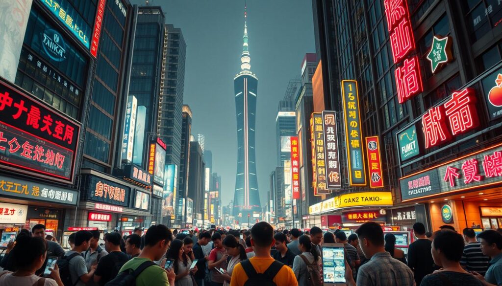 A bustling cityscape at night, neon signs and digital displays casting a vibrant glow over the streets of Taiwan. In the foreground, people gathered around mobile devices, immersed in the thrill of online gambling - the allure of chance and the promise of quick rewards. The middle ground features modern high-rise buildings, their facades adorned with sleek, futuristic architectural elements. In the background, the iconic Taipei 101 tower stands tall, a symbol of Taiwan's technological prowess. The scene is bathed in a warm, saturated color palette, reflecting the excitement and energy of the Taiwanese online gaming landscape. The lighting is cinematic, creating a sense of drama and intensity. The overall composition conveys the ubiquity and prominence of online gambling in the daily lives of Taiwanese consumers.