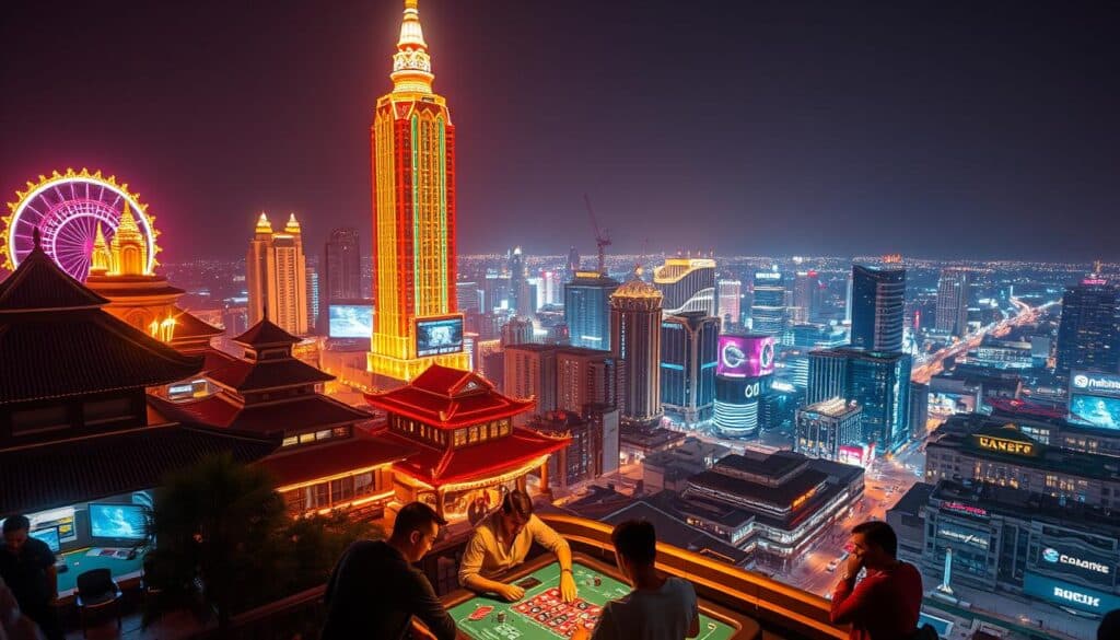 A bustling cityscape at night, with the bright neon lights of a towering casino illuminating the skyline. In the foreground, a group of people gathered around a gaming table, their faces aglow with excitement as they engage in a high-stakes online betting session. The middle ground features a mix of traditional and modern architecture, hinting at the blending of the old and new in the world of gambling. In the background, a sprawling city landscape stretches out, its streets and buildings reflecting the ever-increasing popularity and accessibility of online gaming. Warm, golden lighting casts a inviting glow, creating an atmosphere of anticipation and opportunity. The scene captures the rise of online gambling, its allure, and its integration into the urban landscape.