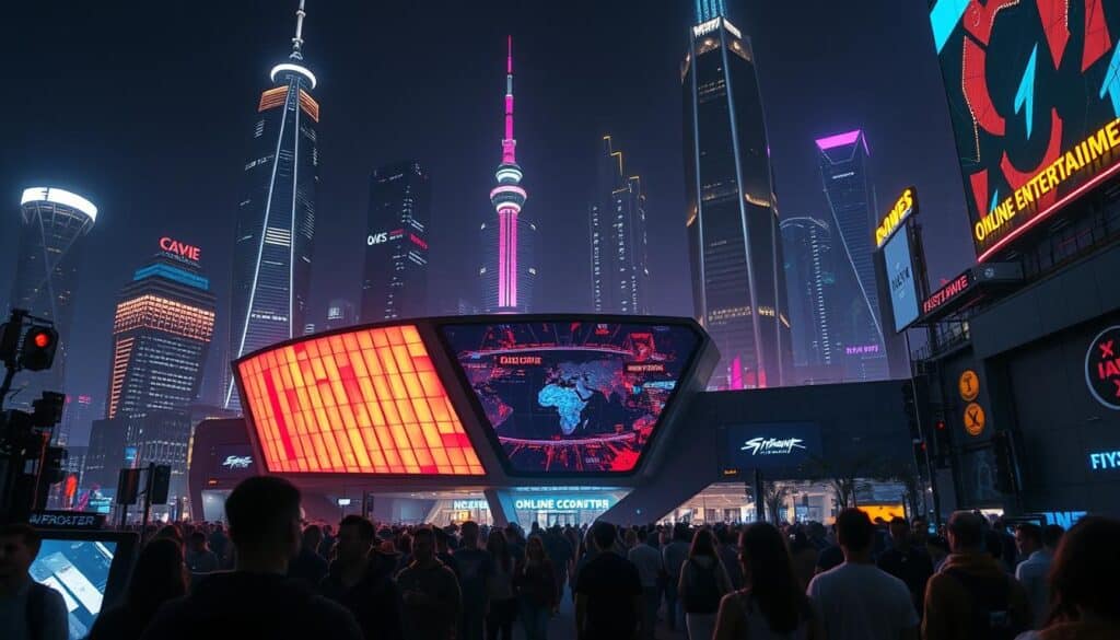 A bustling cityscape at night, with the dazzling lights of a newly-constructed online entertainment center taking center stage. Gleaming skyscrapers and neon-lit towers rise up in the background, casting a warm glow over the scene. In the foreground, a stream of visitors are drawn toward the entrance, their faces alight with excitement. The architecture is modern and sleek, with clean lines and angular shapes that suggest a sense of technological sophistication. The lighting is dramatic, with sharp contrasts between the illuminated building and the surrounding darkness. The overall atmosphere conveys a feeling of energy, progress, and the promise of thrilling digital experiences.