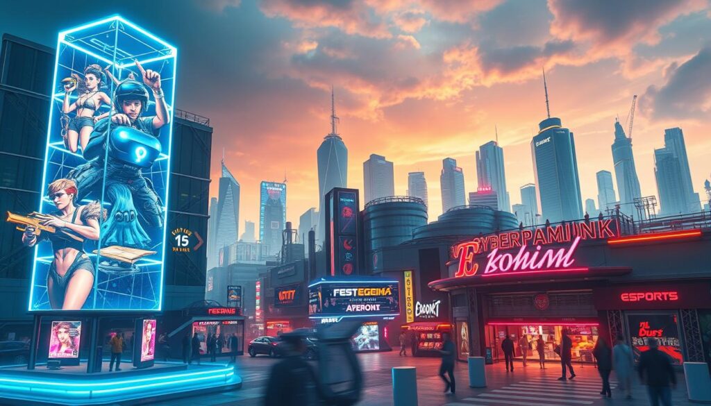 A bustling cityscape depicting the growth and evolution of the electronic gaming industry. In the foreground, a towering holographic display showcases the latest virtual reality gaming experiences, immersing players in vivid, cinematic environments. The middle ground features modern, sleek gaming arcades and esports arenas, their neon-lit facades reflecting the excitement and competitiveness of the digital entertainment landscape. In the background, skyscrapers and high-tech infrastructure symbolize the technological advancements driving the industry's rapid expansion. The scene is bathed in a warm, futuristic glow, conveying a sense of innovation, progress, and the seamless integration of digital entertainment into the urban fabric.