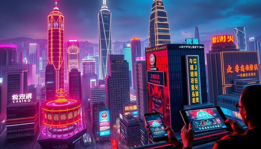 A bustling cityscape illuminated by the glow of neon lights, reflecting the rapid growth and evolution of online entertainment hubs. Towering skyscrapers in the background symbolize the industry's expanding reach, while in the foreground, a virtual casino facade showcases the allure of high-stakes gaming. Sleek, modern interfaces and mobile devices in the hands of players suggest the convenience and accessibility of these digital playgrounds. The scene exudes an air of excitement and technological sophistication, capturing the dynamic nature of the online entertainment landscape in Taiwan.
