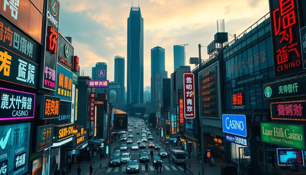 A bustling cityscape of Taipei, Taiwan, captured in a cinematic low-angle view. The foreground features the neon-lit signage and illuminated facades of various online gambling establishments, their vibrant colors and modern architecture reflecting the allure of the thriving digital casino industry. In the middle ground, a network of busy streets and pedestrians navigates the urban landscape, while in the background, the iconic skyscrapers and landmarks of the city's skyline stand tall, creating a sense of scale and context. The scene is bathed in a warm, golden glow, conveying an inviting and prosperous atmosphere that embodies the growth and popularity of the online gambling market in Taiwan.