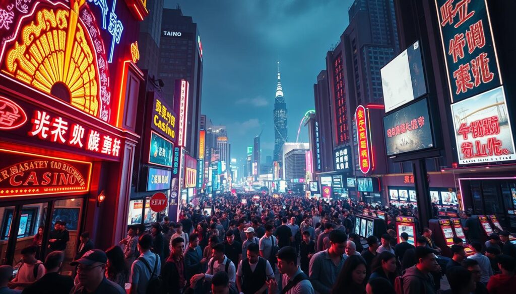 A bustling cityscape of Taipei, Taiwan, illuminated by neon signs and digital displays. In the foreground, a glitzy casino entrance beckons with its alluring lights and architectural grandeur. The middle ground features throngs of people eagerly entering the gaming establishment, their faces alight with anticipation. In the background, the skyline is dotted with towering high-rises, hinting at the scale and prominence of the gambling industry in the region. The scene conveys a sense of excitement and indulgence, reflecting the current state of the Taiwanese online gambling market. Dramatic lighting casts long shadows, creating a moody, atmospheric ambiance. The composition is captured through a wide-angle lens, emphasizing the scale and vibrancy of this urban gambling landscape.