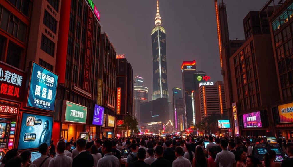 A bustling cityscape of Taipei, Taiwan, illuminated by the neon glow of online gambling establishments. In the foreground, a crowd of people gather around a large interactive screen, immersed in the excitement of live casino games. The middle ground features a row of sleek, modern high-rise buildings, their facades adorned with discreet signage for various online betting platforms. In the background, the iconic Taipei 101 tower stands tall, casting a long shadow over the vibrant nightlife below. The scene is bathed in a warm, amber-tinted lighting, creating an atmosphere of energy and anticipation. The overall composition conveys the scale and ubiquity of the online gambling market in Taiwan.