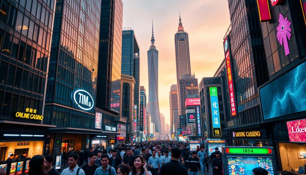 A bustling cityscape of Taipei, Taiwan, showcasing the dynamic growth of the online entertainment industry. In the foreground, sleek high-rise buildings and dazzling neon signs reflect the prosperity of the booming online casino market. The middle ground features a throng of pedestrians, their faces aglow with the allure of digital gaming experiences. In the background, the iconic Taipei 101 tower stands tall, symbolizing the technological prowess and global connectivity of this innovative industry. The scene is bathed in a warm, golden light, evoking a sense of excitement and opportunity. A wide-angle lens captures the scale and energy of this rapidly evolving urban landscape, poised to lead the way in the future of online entertainment.