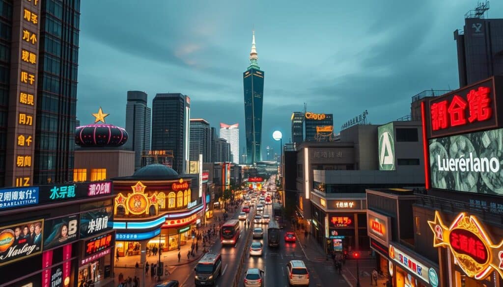 A bustling cityscape of Taipei, Taiwan, showcasing the thriving gambling and entertainment landscape. In the foreground, modern high-rise towers and neon-lit casinos dot the skyline, their vibrant lights casting an alluring glow. The middle ground features busy streets teeming with people, pedestrians, and vehicles, capturing the energy and liveliness of the local casino industry. In the background, the iconic Taipei 101 tower stands tall, a symbol of the nation's economic prowess. The scene is bathed in a warm, golden hue, suggesting a sense of prosperity and growth within the Taiwanese gambling market. Crisp, detailed, and cinematic in style, this image aims to convey the current state and dynamic nature of the Taiwan gambling landscape.