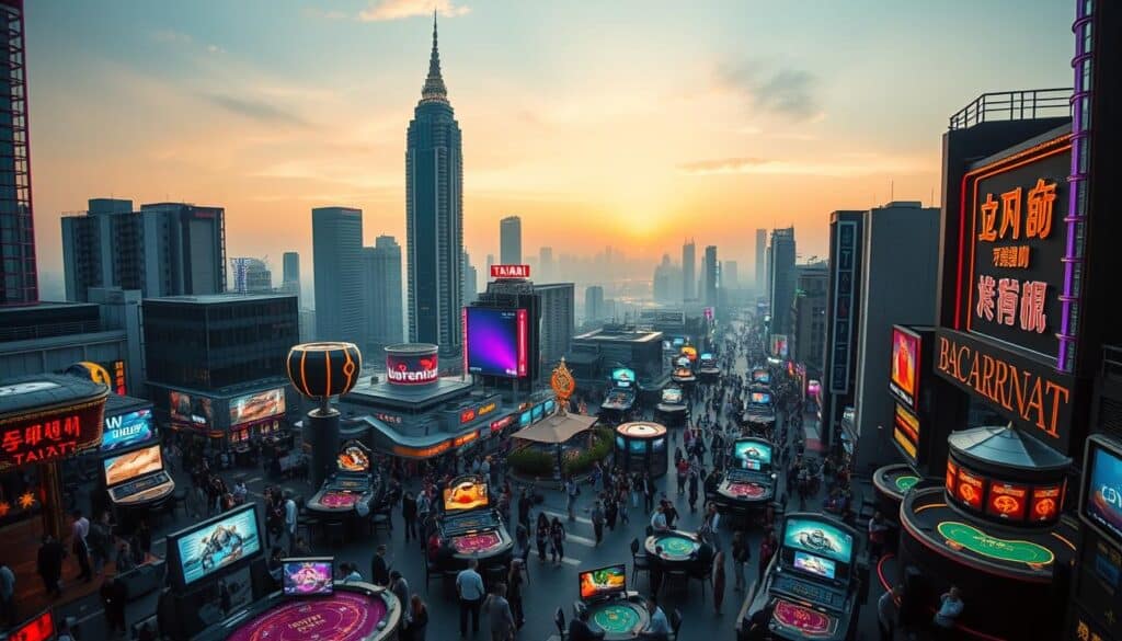 A bustling cityscape of Taipei, Taiwan, showcasing the thriving online baccarat market. In the foreground, neon-lit gaming tables and crowds of players immersed in the excitement of high-stakes baccarat. The middle ground features modern skyscrapers and bustling streets, reflecting the urban energy and technological advancements that drive the industry. In the background, a hazy skyline illuminated by the setting sun, creating a warm, dynamic atmosphere. The scene is captured through a wide-angle lens, emphasizing the scale and vibrancy of this burgeoning market. Soft, diffused lighting casts long shadows, adding depth and drama to the composition.