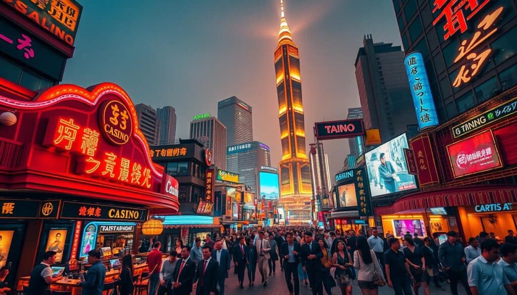 A bustling cityscape of Taipei, Taiwan, showcasing the vibrant entertainment industry. In the foreground, a vibrant neon sign illuminates the entrance to a thriving casino, surrounded by a lively mix of restaurants, bars, and nightclubs. The middle ground features a diverse array of people, from smartly dressed professionals to lively revelers, adding to the energy of the scene. In the background, the iconic Taipei 101 tower stands tall, casting a warm glow over the entire tableau. The scene is bathed in a warm, golden light, creating a sense of energy and excitement, capturing the essence of Taiwan's thriving entertainment industry.