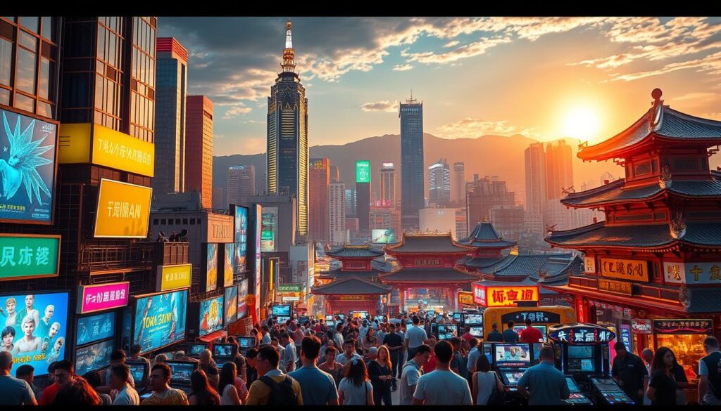 A bustling cityscape of Taipei, Taiwan, where neon-lit skyscrapers and modern architecture blend seamlessly with centuries-old temples. In the foreground, people gather around vibrant digital screens, engrossed in the latest online gaming and entertainment offerings. The middle ground features a lively mix of traditional and contemporary venues, where patrons engage in a wide array of casino-style games and interactive experiences. The background showcases the island's iconic mountainous terrain, with the sun casting a warm, golden glow over the thriving metropolis. The scene conveys the dynamic evolution of Taiwan's thriving online entertainment industry, blending tradition and technology to offer a truly immersive and engaging experience.
