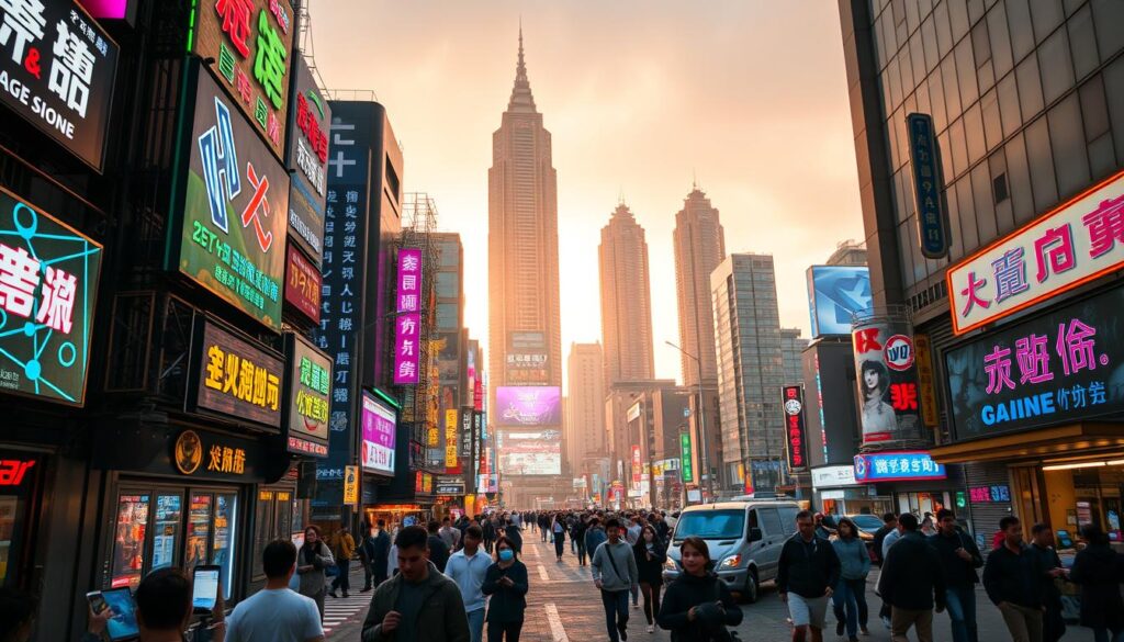A bustling cityscape of Taipei, Taiwan, where the online gambling market thrives. In the foreground, a vibrant array of neon signs and digital displays allure passersby, promising thrilling gaming experiences. The middle ground reveals busy streets teeming with people, their faces illuminated by the glow of smartphone screens as they navigate the digital landscape. In the background, towering skyscrapers and modern architecture create a dynamic urban setting, underscoring the integration of technology and commerce. The scene is bathed in a warm, golden light, evoking a sense of excitement and potential, while hinting at the complexities and risks inherent in the burgeoning online gambling industry.