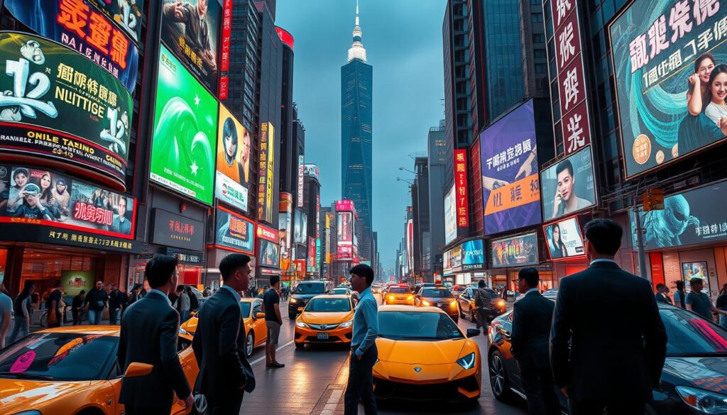 A bustling cityscape of Taipei, Taiwan, with towering high-rises and neon-lit billboards advertising online gambling platforms. The streets are abuzz with pedestrians, taxis, and the occasional luxury sports car. In the foreground, a group of well-dressed individuals engage in animated conversations, seemingly discussing the latest trends and strategies in the thriving online gambling market. The midground reveals a mix of upscale casinos, virtual reality gaming centers, and sleek web-based interfaces, all vying for the attention of the tech-savvy Taiwanese consumer. In the background, the iconic Taipei 101 skyscraper stands tall, a symbol of the nation's economic prowess and the growing influence of the digital entertainment industry. The scene is bathed in a warm, neon-tinged glow, conveying the excitement and allure of the booming online gambling landscape in Taiwan.