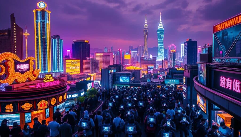 A bustling cityscape of Taipei, the heart of Taiwan's thriving online entertainment market. In the foreground, a neon-lit skyline of towering skyscrapers and glittering casinos, reflecting the vibrant nightlife and gaming culture. In the middle ground, a bustling street scene with crowds of people, their faces illuminated by the glow of their smartphones, immersed in the latest mobile games and apps. In the background, a panoramic view of the city's iconic landmarks, such as Taipei 101, casting a warm glow over the entire scene. The lighting is a rich, saturated palette of blues, purples, and oranges, conveying a sense of energy and excitement. The overall mood is one of a thriving, digitally-driven metropolis, where the online entertainment industry is at the forefront of Taiwan's cultural and economic landscape.