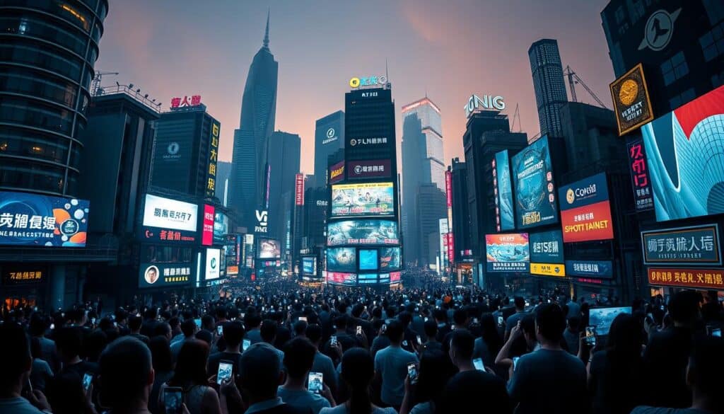 A bustling cityscape of Taiwan's online entertainment landscape, captured in a panoramic wide-angle view. Towering skyscrapers and neon-lit billboards converge, representing the fierce competition among various online gambling and gaming platforms. In the foreground, a throng of people immersed in their mobile devices, their faces illuminated by the glow of screens, symbolizing the ubiquity of digital entertainment. The middle ground features a mosaic of different logos and branding, each vying for the attention of the tech-savvy population. The background is dominated by a hazy, incandescent skyline, evoking the dynamic and rapidly evolving nature of this burgeoning industry. The scene is captured with a cinematic depth of field, creating a sense of depth and scale, capturing the essence of Taiwan's online entertainment market and its competitive landscape.