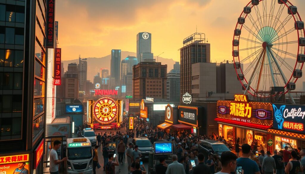 A bustling cityscape of Taiwan's online entertainment market, showcasing a vibrant array of neon-lit gaming hubs and virtual casinos. In the foreground, sleek high-rise buildings housing state-of-the-art server farms and cutting-edge game development studios. The middle ground features a vibrant street scene, with throngs of players immersed in their mobile devices, engaging in the latest online casino titles and e-sports tournaments. The background is dominated by a towering ferris wheel, symbolizing the scale and excitement of the industry. Warm, amber lighting casts a cinematic glow, evoking a sense of energy and anticipation. The scene is captured through a wide-angle lens, emphasizing the sprawling, dynamic nature of Taiwan's thriving online entertainment landscape.