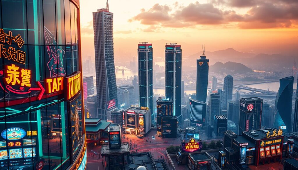 A bustling cityscape of Taiwan's thriving online entertainment industry. In the foreground, a neon-lit casino facade, its windows showcasing the excitement of gaming tables and slot machines. In the middle ground, towering skyscrapers housing tech companies and startup hubs, reflecting the innovation driving the sector. The background is a panoramic view of the island's lush mountains and coastal landscapes, a subtle nod to the natural beauty that enhances the gaming experience. The scene is bathed in a warm, golden glow, creating an atmosphere of prosperity and modernity. The image conveys the rapid development and global prominence of Taiwan's online entertainment ecosystem.