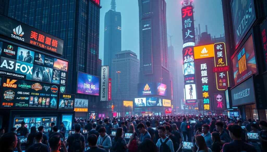 A bustling cityscape of Taiwan's thriving online gaming market. In the foreground, a sleek, futuristic interface showcases a diverse array of popular mobile and PC games. In the middle ground, a crowd of gamers immersed in their devices, the glow of screens illuminating their faces. In the background, towering skyscrapers and neon-lit billboards convey the urban dynamism and technological prowess driving this burgeoning industry. Soft, diffused lighting creates a warm, inviting atmosphere, while a subtle depth of field emphasizes the depth and scale of this vibrant landscape. Cinematic camera angles and a clean, minimalist composition capture the energy and potential of Taiwan's thriving online gaming market.