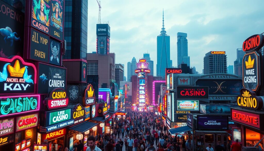 A bustling cityscape of neon-lit entertainment hubs, towering skyscrapers, and vibrant nightlife. In the foreground, a vibrant array of casinos, arcades, and virtual reality lounges, their facades awash in a kaleidoscope of luminous signage. The middle ground features a bustling throng of people, their faces aglow with excitement as they navigate the pulsing streets. In the background, a skyline of sleek, modern buildings stretches towards the horizon, their windows reflecting the dazzling lights of the city below. The scene is bathed in a warm, inviting glow, creating an atmosphere of boundless energy and endless possibilities. Cinematic, wide-angle composition captures the grand scale and immersive nature of this entertainment metropolis.