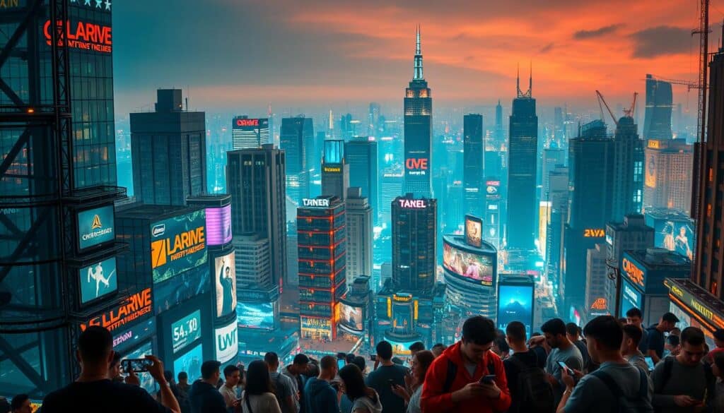 A bustling cityscape of online entertainment hubs, neon-lit skyscrapers and digital billboards dominate the foreground. In the middle ground, groups of people engage with their mobile devices, immersed in the dynamic virtual landscape. The background reveals a panoramic view of the city, with towers of data and technology infrastructure supporting the thriving online gaming and entertainment ecosystem. Warm lighting casts a vibrant glow, conveying the energy and excitement of this burgeoning digital metropolis. The scene is captured through a wide-angle lens, emphasizing the scale and scope of the online entertainment city market.