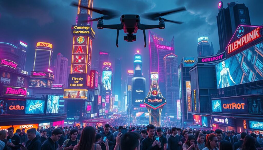 A bustling cityscape of online entertainment hubs, the skyline dominated by towering digital casinos and sleek esports arenas. Neon signs and holographic billboards advertise the latest thrilling games and irresistible promotions, casting a mesmerizing glow across the urban landscape. In the foreground, crowds of tech-savvy players congregate, engrossed in their mobile devices, immersed in the endless possibilities of virtual gaming. Soaring above it all, a drone camera captures the dynamic pulse of this burgeoning digital playground, a testament to the rapid growth and allure of the online entertainment industry. The scene is imbued with a sense of excitement, innovation, and the unstoppable momentum of the modern gaming frontier.