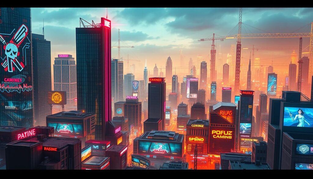 A bustling cityscape of online entertainment hubs, with modern high-rise buildings and neon-lit signage against a vibrant, futuristic backdrop. In the foreground, a panoramic view of a dynamic, well-connected digital metropolis, teeming with activity and innovation. The middle ground features various gaming establishments, each with distinct architectural styles and branding, reflecting the diversity of the online entertainment landscape. In the background, a kaleidoscope of digital infrastructure, data centers, and interconnected communication networks, symbolizing the technological foundation that supports this thriving virtual city. Warm, saturated colors and a sense of energy and growth pervade the scene, capturing the essence of the booming online entertainment market.