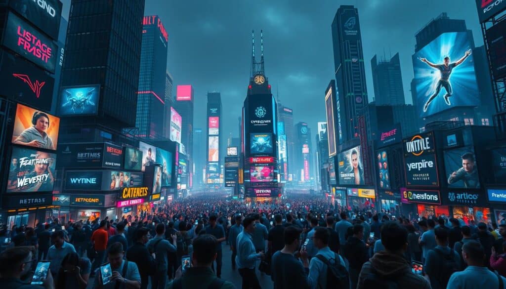 A bustling cityscape of online entertainment hubs, with towering skyscrapers and neon-lit billboards showcasing the latest virtual gaming adventures. In the foreground, throngs of people navigate the digital landscape, their faces illuminated by the glow of mobile devices. The middle ground features a mosaic of gaming portals, each offering a unique interactive experience, while the background is dotted with servers and data centers, the backbone of this dynamic online ecosystem. The scene is bathed in a cool, futuristic lighting, captured through a wide-angle lens that emphasizes the scale and scope of the virtual entertainment metropolis.
