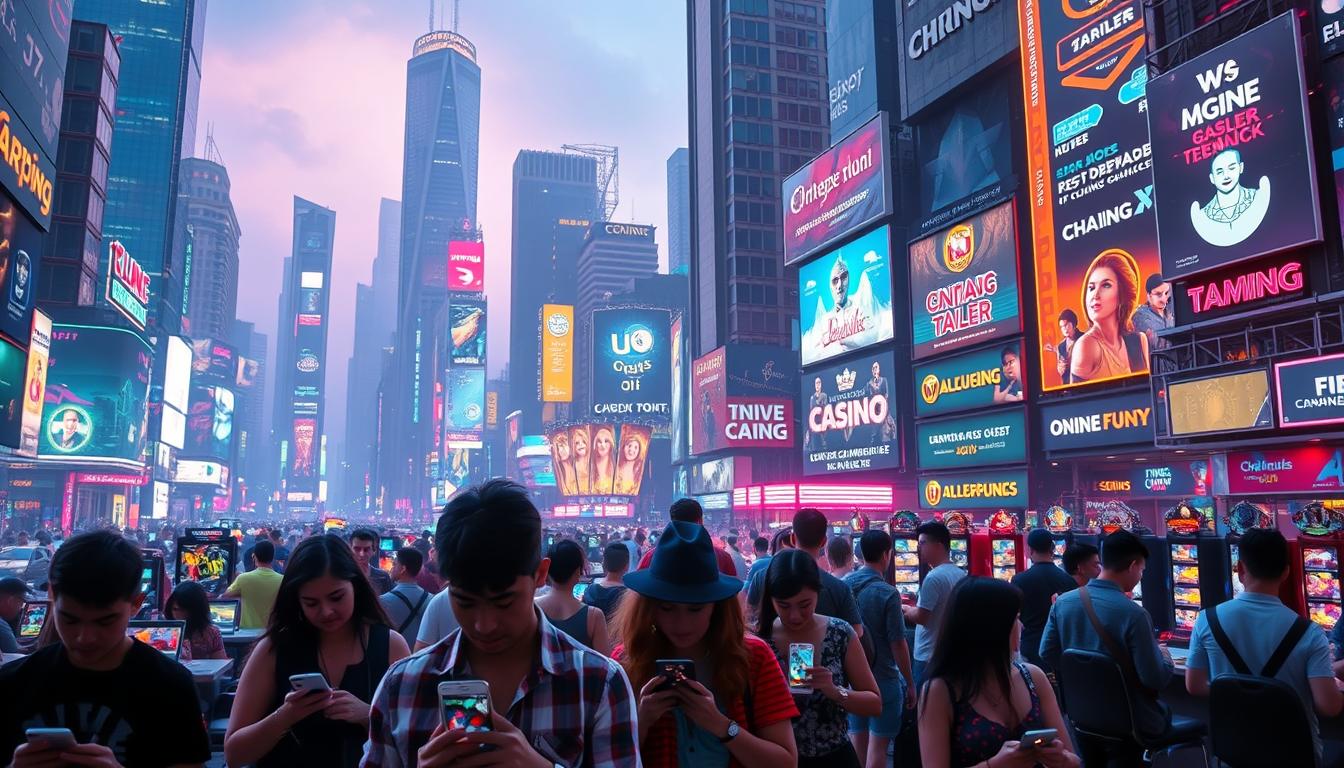 A bustling cityscape of online gambling establishments, neon lights illuminating towering skyscrapers, and a sea of digital advertisements promoting the latest casino offerings. In the foreground, a group of virtual patrons eagerly engaging with mobile devices, immersed in the thrill of online gaming. The middle ground showcases the diverse range of entertainment options, from live dealer tables to virtual slot machines, all accessible with a few taps. The background paints a panoramic view of the industry's rapid expansion, with data visualizations and analytics highlighting the market's current state and growth trajectory. The scene conveys a sense of technological innovation, consumer demand, and the ongoing transformation of the online gambling landscape.