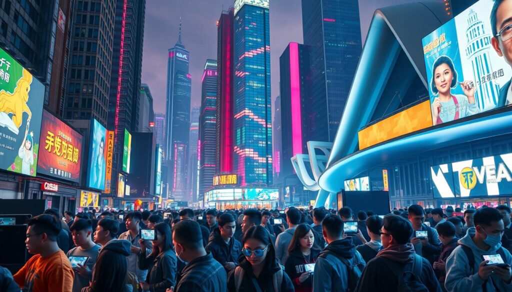 A bustling cityscape of towering skyscrapers and neon-lit billboards, representing the dynamic and rapidly evolving Taiwanese online entertainment market. In the foreground, a vibrant array of digital devices and gaming consoles, capturing the immersive and interactive nature of modern entertainment. The middle ground features a diverse crowd of tech-savvy individuals, their faces illuminated by the glow of screens, symbolizing the widespread adoption and engagement with online entertainment. The background is dominated by a sleek, futuristic architecture, conveying a sense of progress and innovation. The scene is bathed in a warm, inviting palette of colors, evoking a sense of excitement and opportunity within the Taiwanese digital transformation landscape.