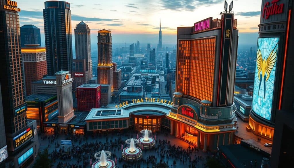 A bustling cityscape of towering skyscrapers and neon-lit buildings, illuminated by the warm glow of the setting sun. In the foreground, a grand casino complex with a sleek, modern facade, its entrance flanked by ornate columns and fountains. The middle ground is filled with crowds of people, their faces alight with excitement as they enter the casino's doors. In the background, a sweeping panorama of the city skyline, with distant mountains and a vast, open sky. The scene conveys a sense of energy, prosperity, and the allure of the gaming industry, capturing the growth potential of "Tianhia Entertainment City".