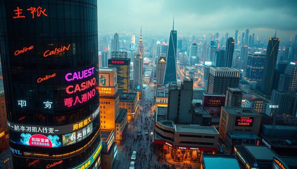 A bustling cityscape overlooking the vibrant Taiwan online entertainment landscape. In the foreground, a towering skyscraper adorned with neon signs advertising the latest online casino games, its sleek glass facade reflecting the lively nighttime skyline. In the middle ground, smaller buildings and bustling streets teeming with people, some engrossed in their mobile devices, others window-shopping at the array of entertainment establishments. The background reveals a sprawling metropolis, its towering high-rises and glittering lights creating an atmosphere of boundless opportunity and digital excitement. Warm, saturated colors and dynamic camera angles convey the energy and growth of Taiwan's thriving online entertainment industry.