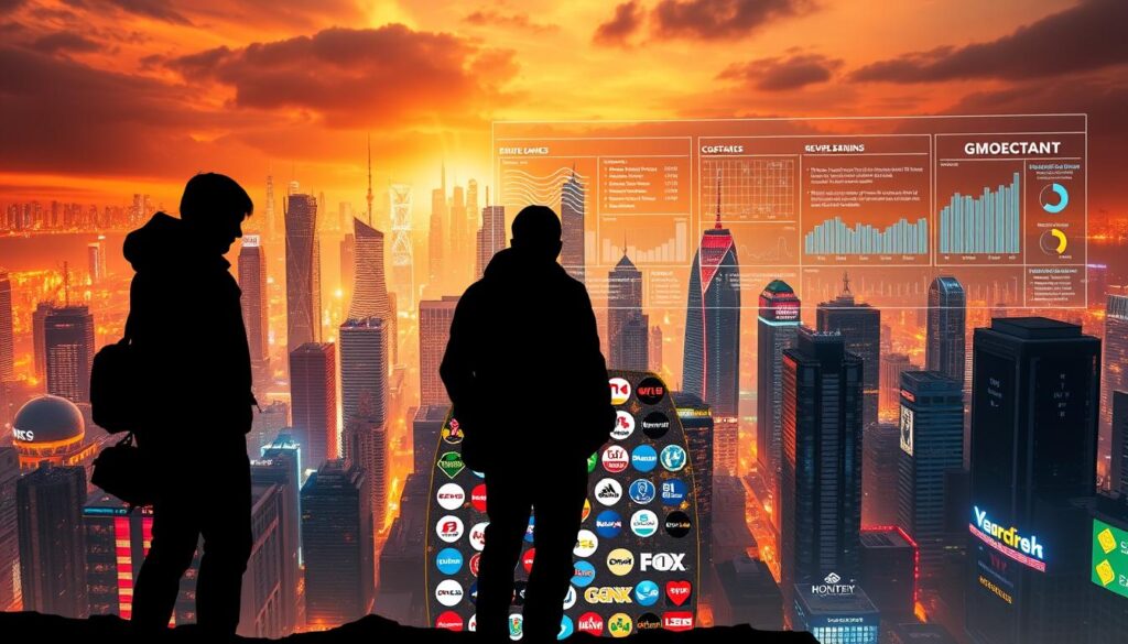 A bustling cityscape with a vibrant skyline, highlighting the fierce competition among online gaming operators. In the foreground, three silhouetted figures stand tall, representing the key players in the market. The middle ground showcases a mosaic of logos, signifying the diverse offerings and branding strategies. In the background, a data visualization dashboard displays market insights and analytics, guiding the strategic decision-making process. The scene is illuminated by a warm, golden light, creating a sense of energy and dynamism. The overall composition conveys the complexity and intensity of the competitive landscape in the online entertainment industry, setting the stage for the detailed analysis to come.