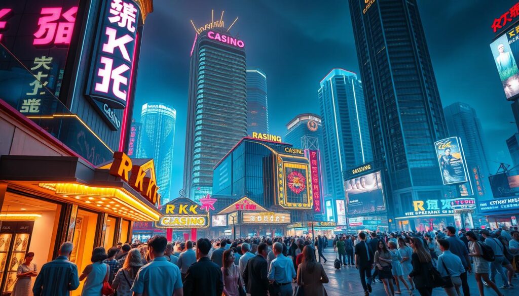 A bustling cityscape with the prominent signage of "RK娛樂城" towering over the vibrant streets. In the foreground, well-dressed patrons eagerly enter the lavish casino, bathed in the warm glow of neon lights. The middle ground reveals a diverse crowd of locals and tourists exploring the entertainment district, drawn by the allure of high-stakes gaming and luxurious amenities. In the background, skyscrapers and modern architecture create a sleek, metropolitan atmosphere, conveying RK娛樂城's positioning as a premier, high-end destination for sophisticated leisure and entertainment.