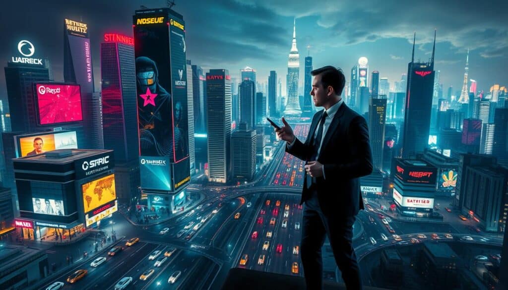 A bustling cityscape with towering skyscrapers and corporate logos, capturing the fierce competition in the entertainment industry. In the foreground, two businesspeople in sharp suits engage in an intense negotiation, their body language conveying the high stakes. The middle ground features a maze of roads and traffic, symbolizing the complexities of navigating the market. The background is dominated by a vibrant, neon-lit skyline, hinting at the dynamic and fast-paced nature of the industry. The scene is illuminated by a dramatic, cinematic lighting, creating a sense of high-tension and drama. Capture this intense, competitive environment with a wide-angle, cinematic lens that emphasizes the scale and complexity of the industry.