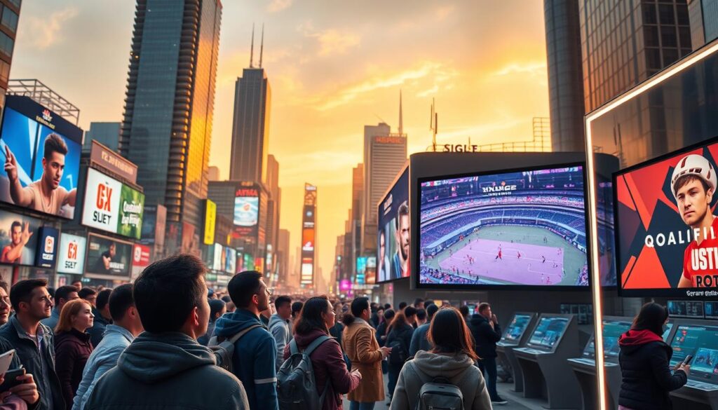 A bustling cityscape with towering skyscrapers and neon-lit billboards, showcasing the rapid expansion of the sports betting market. In the foreground, a group of people enthusiastically watching a sports event on a large outdoor screen, their expressions filled with anticipation and excitement. The middle ground features sleek, modern betting terminals and kiosks, with mobile devices in hand as customers place their wagers. The background is bathed in a warm, golden glow, conveying a sense of prosperity and opportunity. The overall scene captures the dynamic energy and growth of the sports betting industry, reflected in the vibrant, high-tech urban environment.